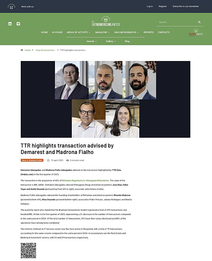 TTR highlights transaction advised by Demarest and Madrona Fialho